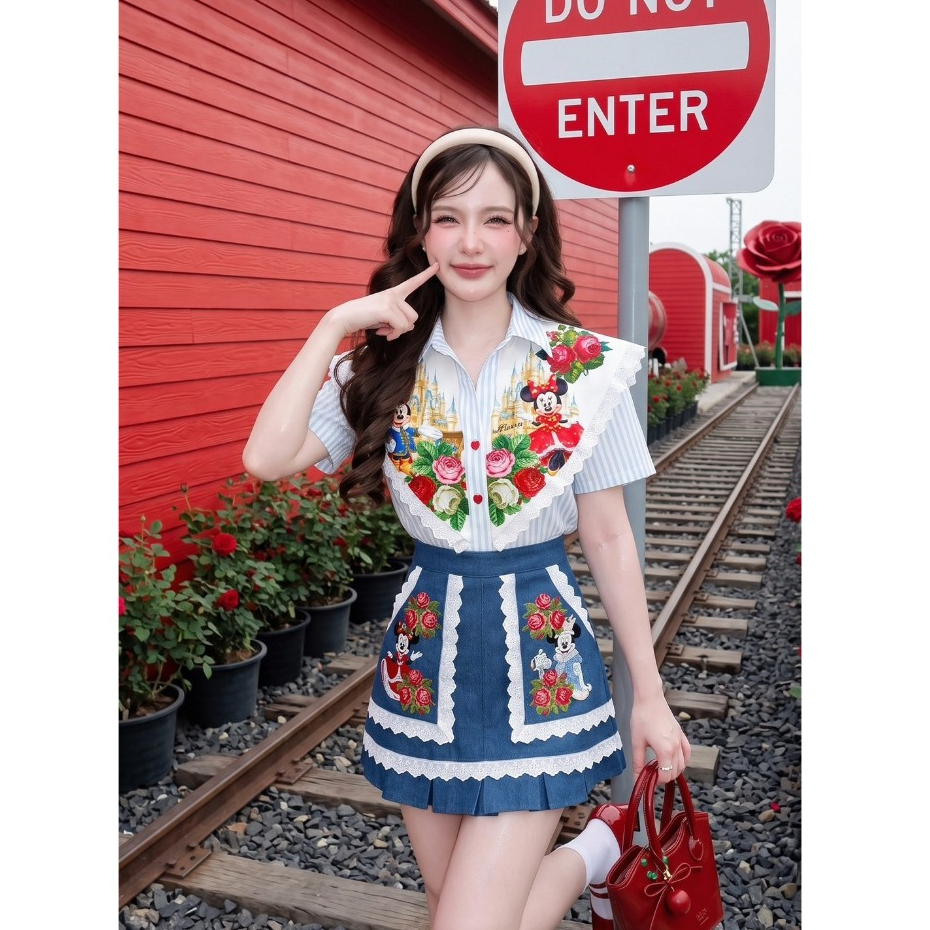 (มี3XL) Mix Mickey Set เซ็ต 2 ชิ้น เสื้อเชิ้ตกระดุมหน้าผ้าเปเป้พิมพ์ลาย + กระโปรงยีนส์งานปักมีกระเป๋าซับในกางเกง