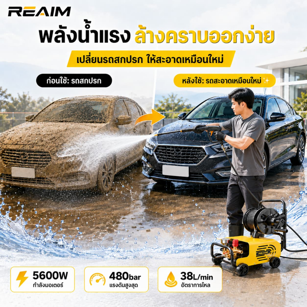 REAIM เครื่องฉีดน้ำแรงดันสูง 5600W หัวปั๊มทองแดงแท้ รูปที่ 4