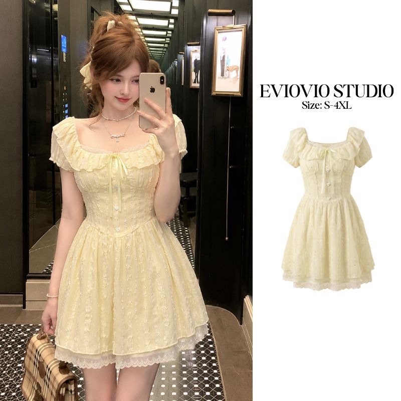 【EVIOVIO】💫S-4XL พร้อมส่ง มินิเดรสแขนตุ๊กตาสุดคิวท์ สีเหลืองพาสเทลขับผิว ทรงสวยเป๊ะพร้อมเช็คอินคาเฟ่ทุกลุค ชุดสาวอวบ