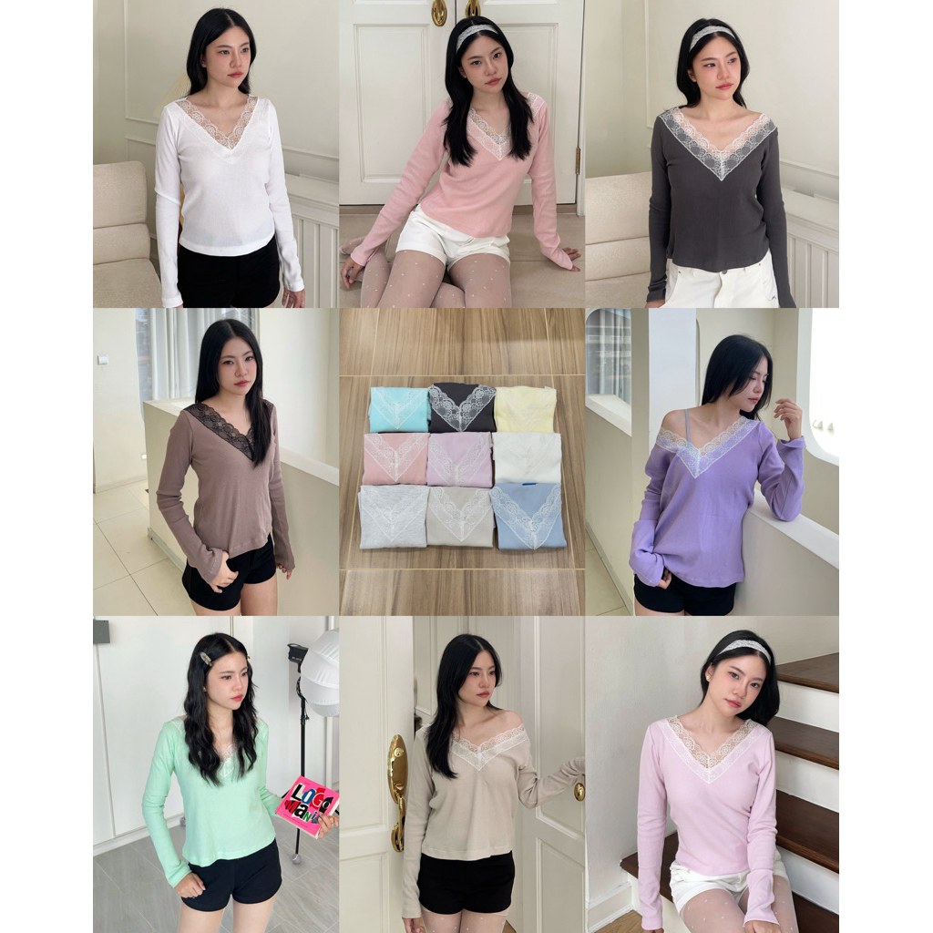 เติมเทาอ่อน ‼️(S/XL🎀)HASU64 Vera top เสื้อคอวีแขนยาวแต่งลูกไม้ (happysummer.bkk)