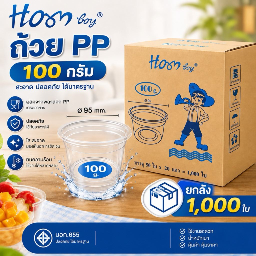 ถ้วย 100 กรัม ปาก95 1000ใบ ตรา hornboy (ยกลัง)