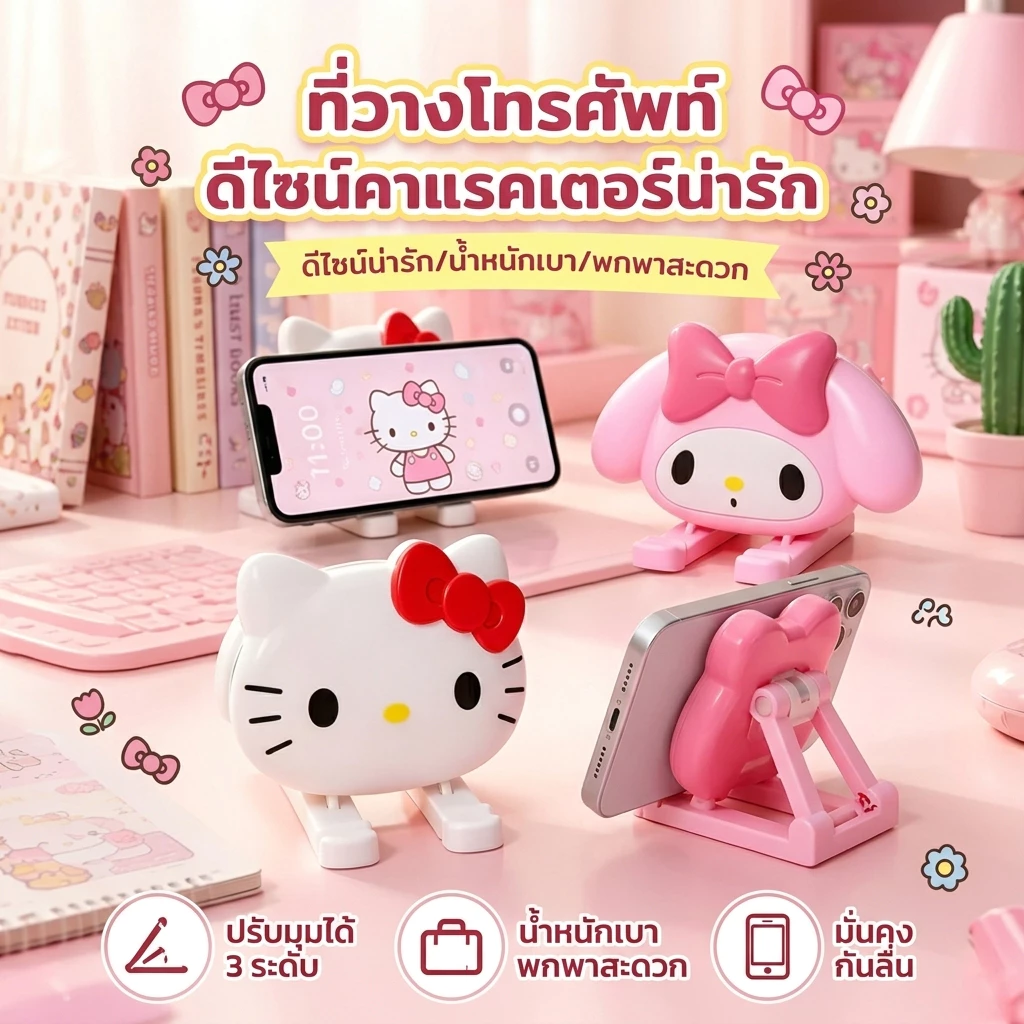 ที่วางโทรศัพท์ KT ที่ตั้งโทรศัพท์มือถือ ขาตั้งโทรศัพท์ ลายการ์ตูนน่ารัก ปรับได้ 3 ระดับ พับพกพาสะดวก มั่นคงกันลื่น