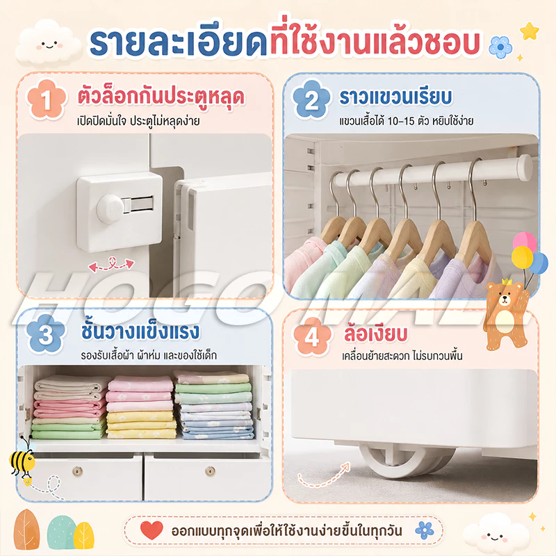 HOGO ตู้เสื้อผ้าเด็ก พับเก็บได้ ตู้เสื้อผ้า ตู้เก็บของ ลายการ์ตูน พร้อมล้อเลื่อน ประตูคู่ ลิ้นชัก thumbnail 6