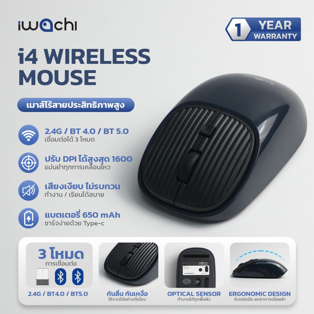 เม้าส์ไร้สาย IWACHI I4 Wireless mouse rechargable bluetooth mouse รองรับ 2.4G BT4.0/BT5.0 ไร้เสียงรบ