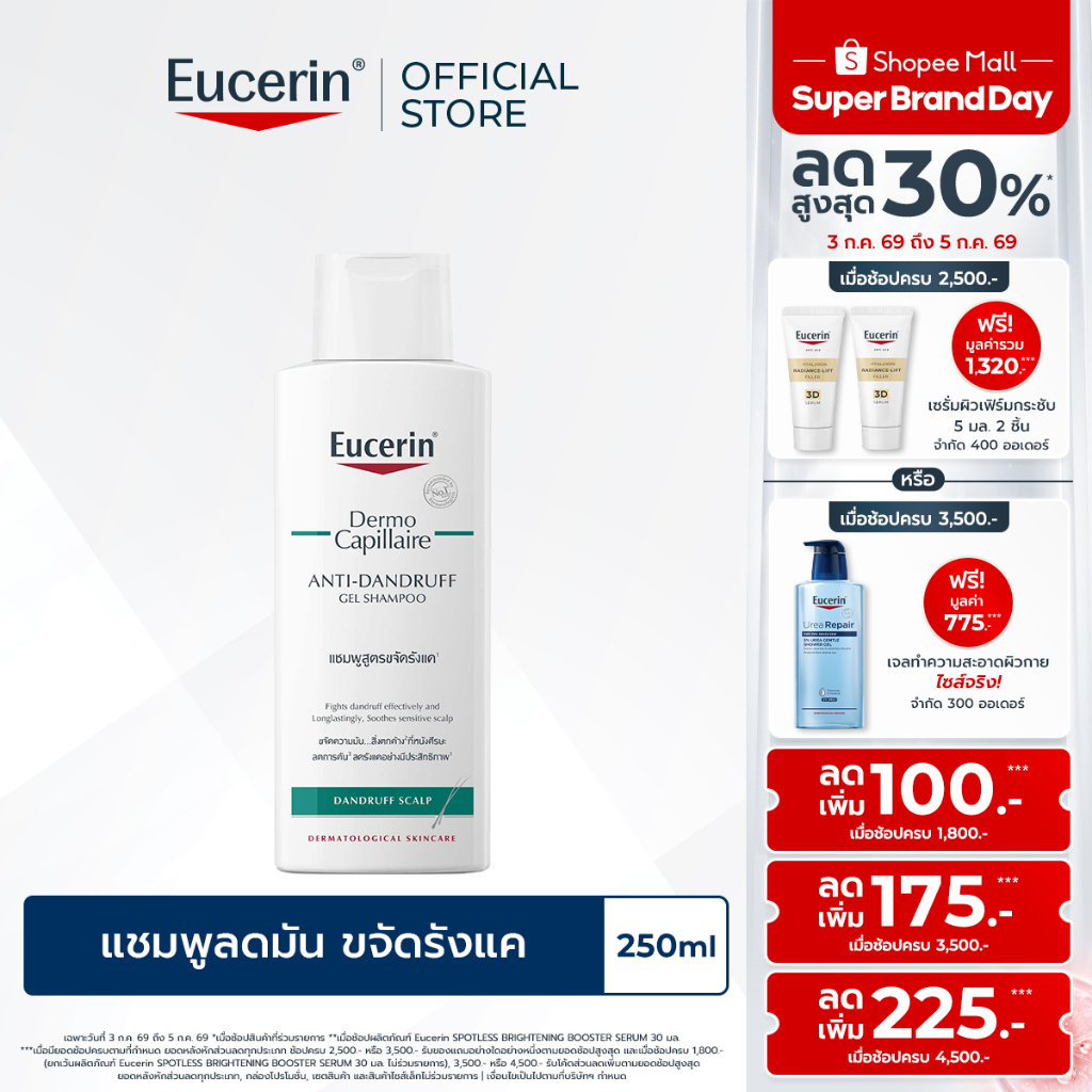 Eucerin DermoCapillaire ANTI-DANDRUFF GEL SHAMPOO 250 ML ยูเซอริน แชมพูขจัดรังแค บำรุงเส้นผม ลดผมขาดร่วง