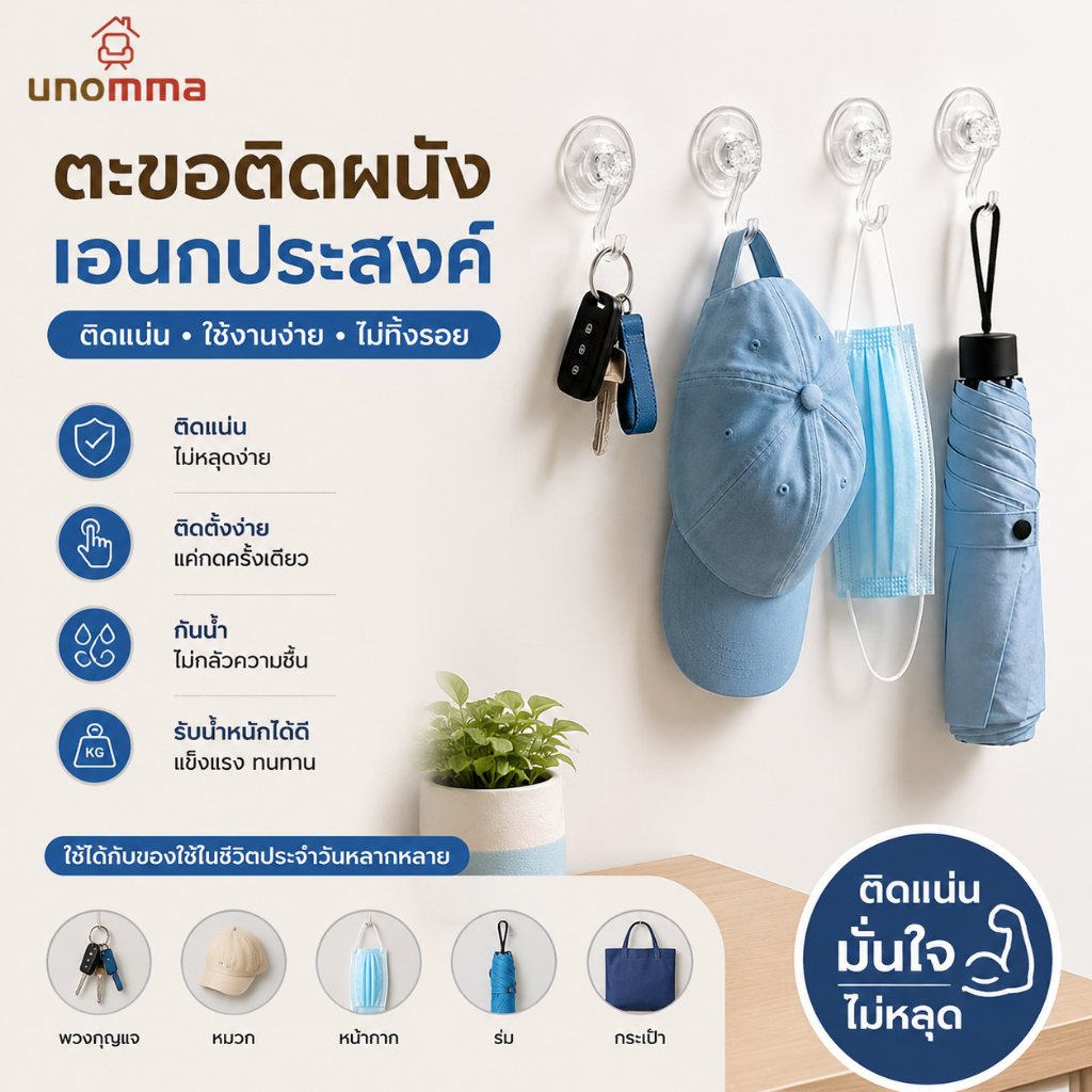 🎈COD🎈 ตะขอสูญญากาศติดผนัง แบบไม่ต้องเจาะรู รับน้ำหนัก 5kg Heavy Duty สำหรับแขวนกระเป๋า กุญแจ หมวก ใช้ซ้ำได้ unomma