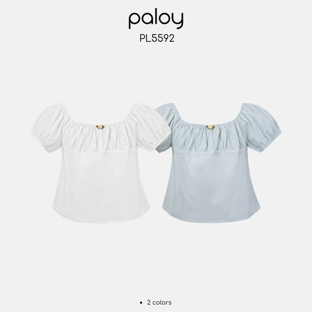 Paloy - PL5592 เสื้อแฟชั่นแขนตุ๊กตา คอเย็บแต่งย่น ติดดอกไม้