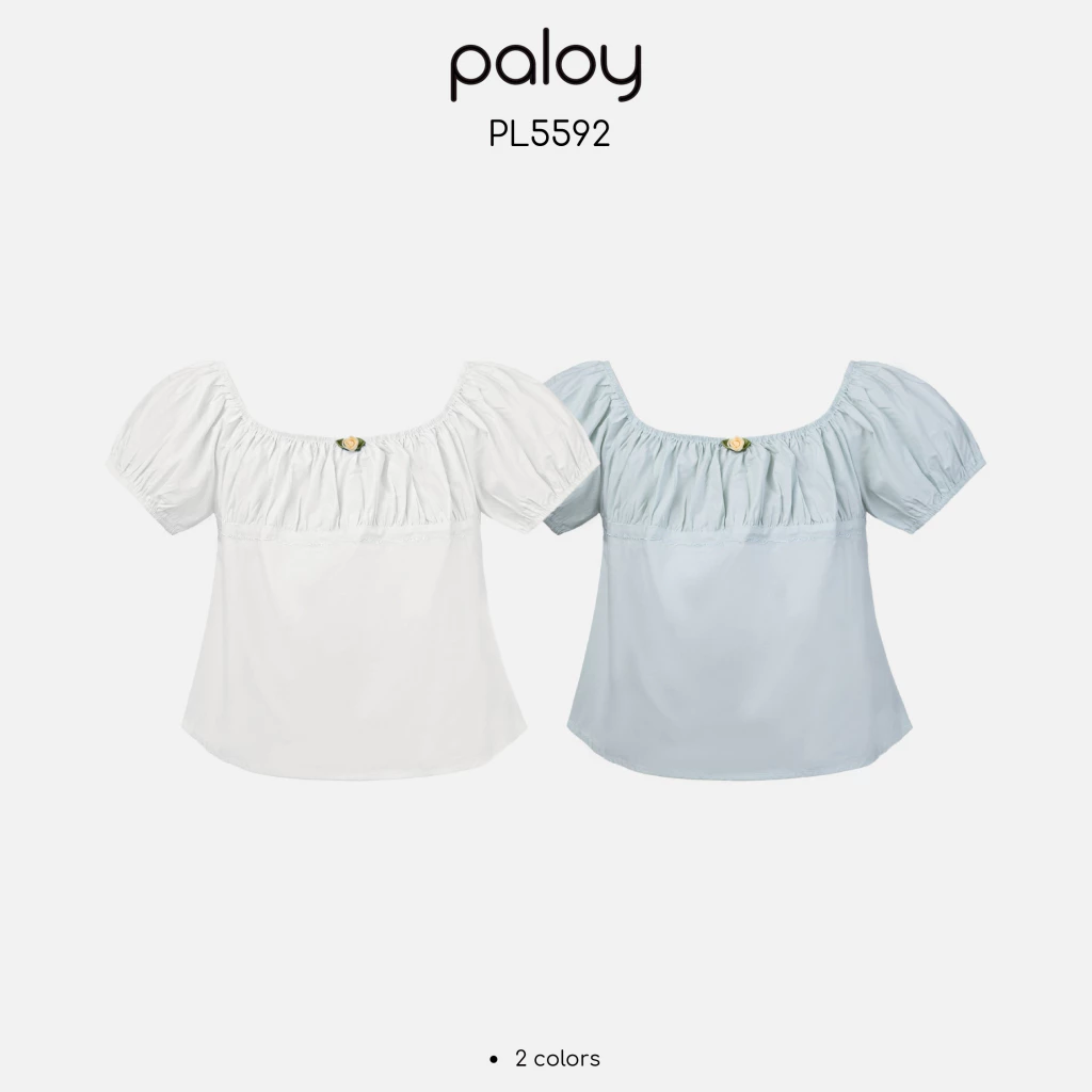 Paloy - PL5592 เสื้อแฟชั่นแขนตุ๊กตา คอเย็บแต่งย่น ติดดอกไม้