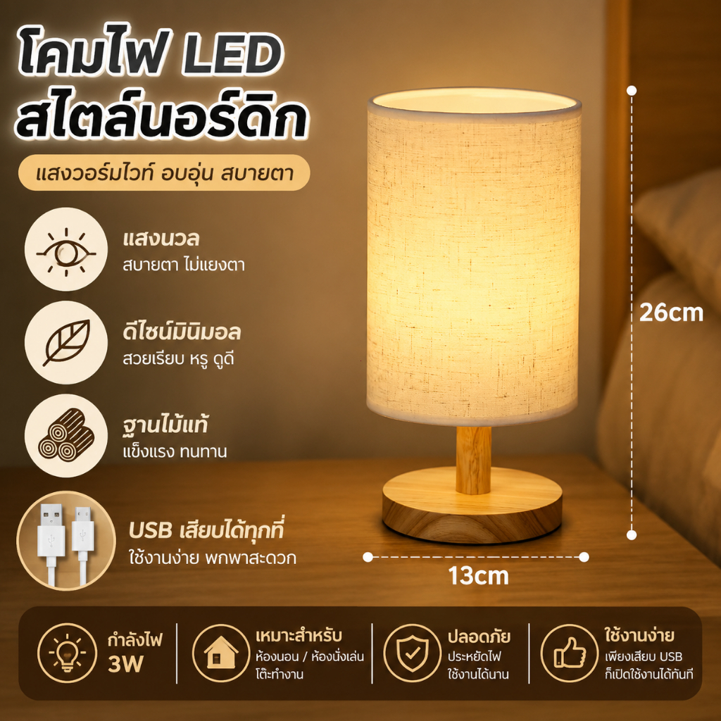 โคมไฟหัวเตียง LED USB แสงวอร์มไวท์ ฐานไม้ โคมไฟตั้งโต๊ะมินิมอล สำหรับห้องนอนและโต๊ะทำงาน