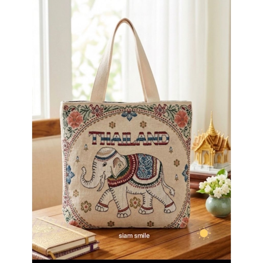 กระเป๋าผ้าแคนวาส ลายช้างไทยงานแฮนด์เมด ทุกใบ มีอักษร " Thailand " Thai Elephant Tote Bag." thailand "size 35x35cm