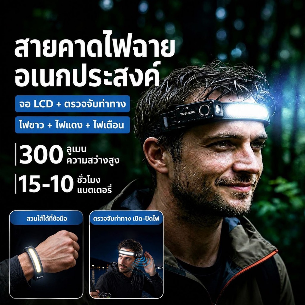 10000LM ไฟฉายคาดหัวแท้ รับประกัน 2 ปี ใหม่ ไฟฉายคาดหัวแบบเซนเซอร์ ไฟฉายคาดหัวแรงสูง ไฟฉายคาดศีรษะ ไฟฉายคาดหัวแท้ USB ชาร