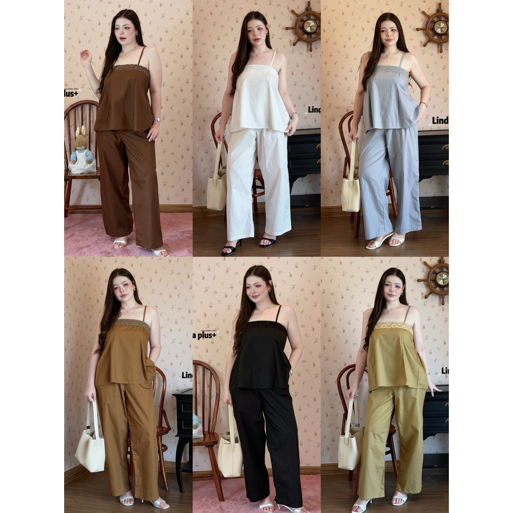 Luxury Set - ชุดเซ็ต 2 ชิ้น เสื้อสายเดี่ยวแต่งลูกไม้+กางเกงขายาว(6สี) เรียบหรูดูแพงมาก สาวอวบ ไซส์ใหญ่