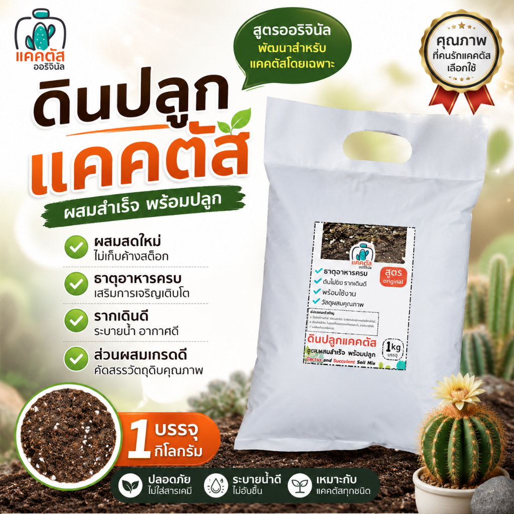 ดินเเคคตัส (1 กิโลกรัม) ดินปลูกผสมสำเร็จ ผสม พีทมอส หินภูเขาไฟ ดินก้ามปู มูลไส้เดือน ดินร่วน แร่ธาตุสูง ระบายน้ำได้ดี
