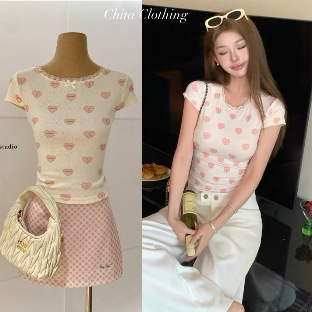พร้อมส่ง 10277 เสื้อยืดแขนสั้น ลายหัวใจ เนื้อผ้าดีงานสวย TAG:WG.WE