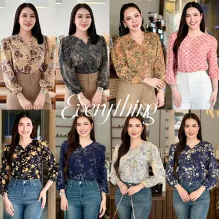 Everything2019 - เสื้อคอวีแต่งกระดุมปั๊ม แขนบอลลูนยาว ลายสวย สีชัด มีหลายไซส์ พร้อมส่ง (6288)