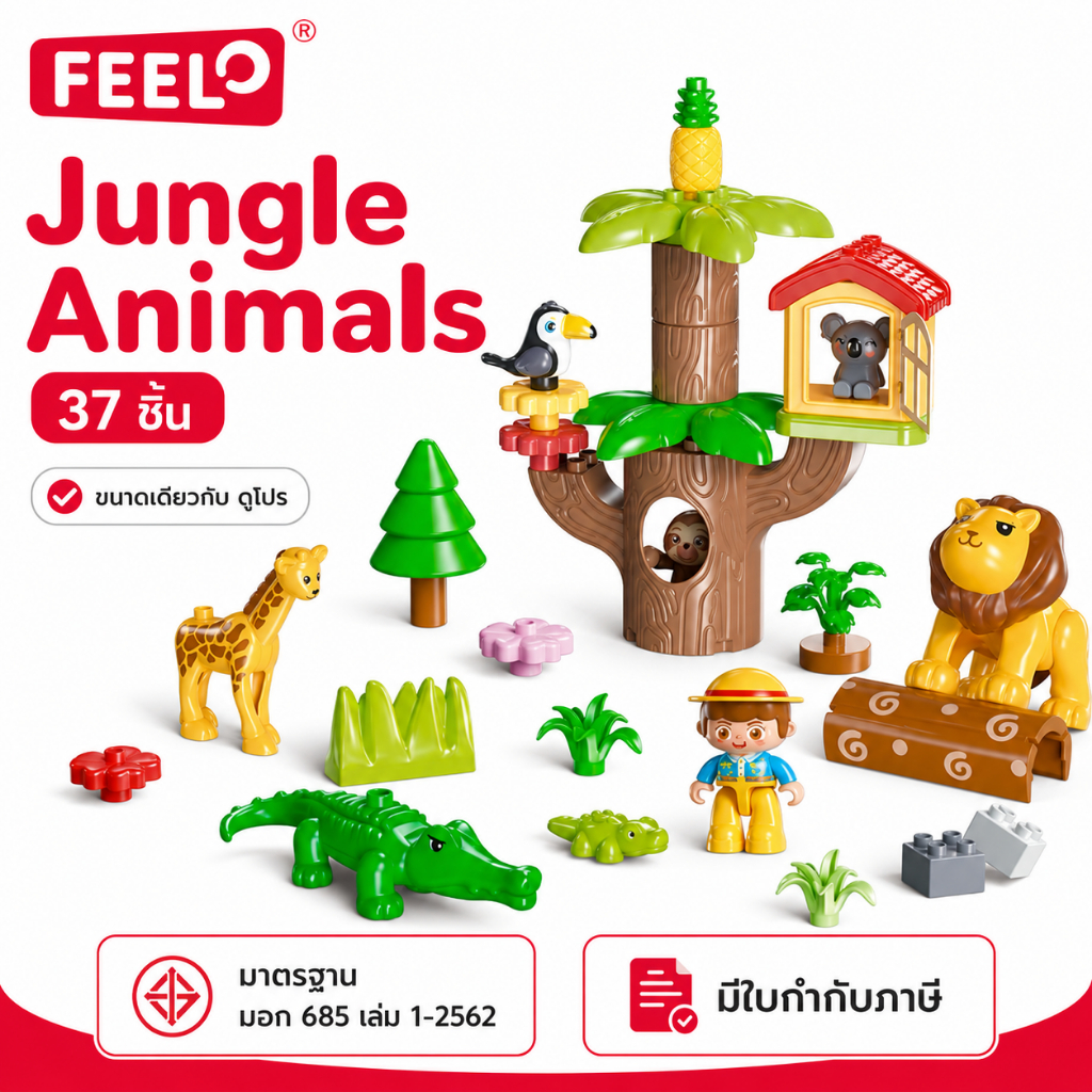 FEELO ของเล่นตัวต่อ Animal Series รุ่น Jungle Animals จำนวน 37 ชิ้น ขนาดเดียวกับดูโปร