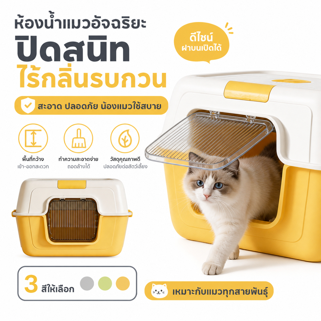 ถาดทรายแมว ห้องน้ำแมวกันกระเด็นทราย ขนาดใหญ่ กั้นสูง15ซม. ถอดล้างง่าย กันติดทราย สำหรับแมวทุกขนาด