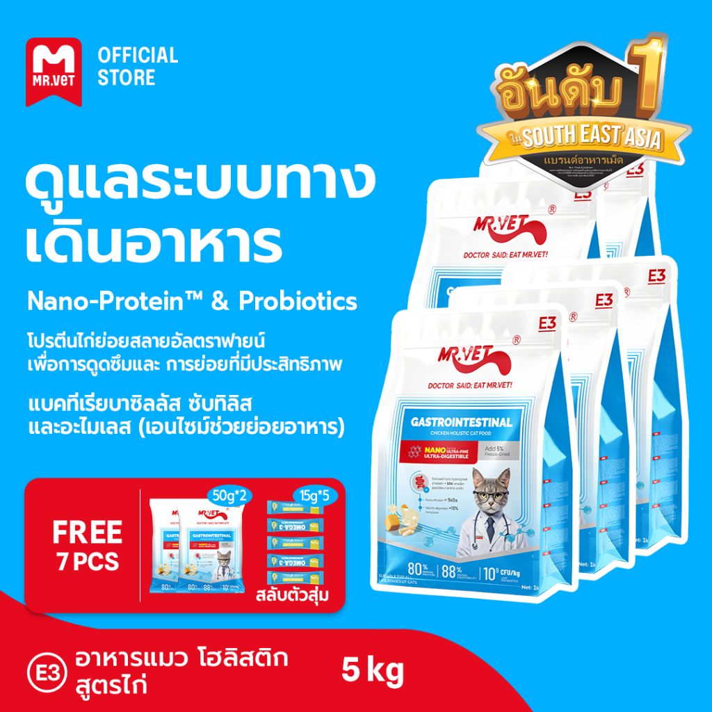 Mr.vet E3 Nano-Protein™ อาหารแมวแห้ง 5กก. ย่อยง่าย ดูดซึมเร็ว เสริมโปรไบโอติก บำรุงระบบย่อยอาหารและลำไส้แข็งแรง
