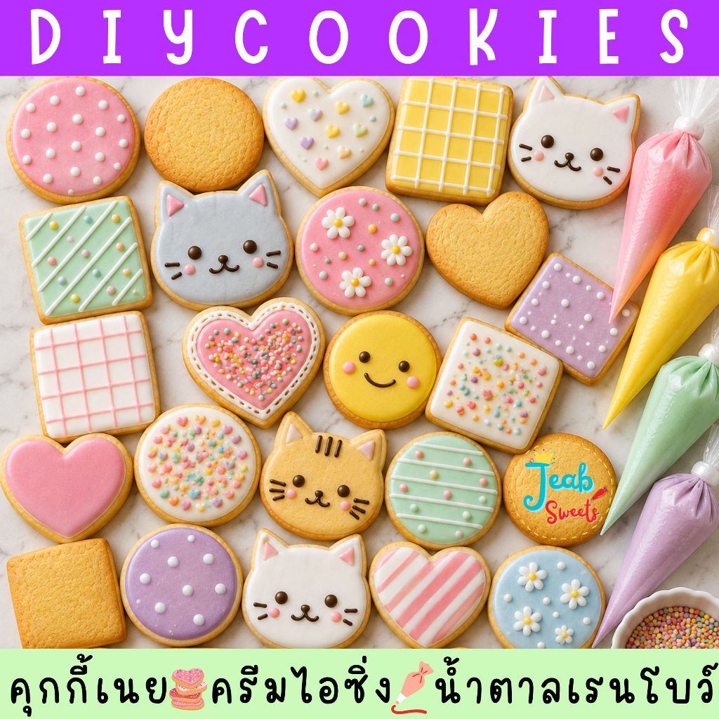🎁 DIY cookies 💖 คุกกี้แต่งเอง 🎀 คุกกี้เนย+ครีมไอซิ่ง 4 สี+Sprinkles 2 ห่อ 🎁