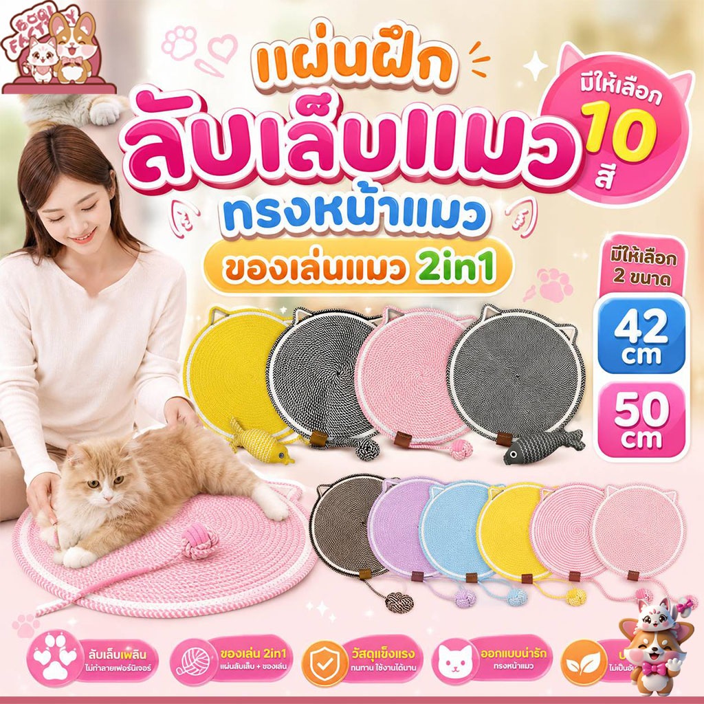 Boqi Factory  แผ่นฝึกลับเล็บแมว ทรงหน้าแมว ของเล่นแมว 2in1 ดีไซน์น่ารัก Cat scratching mat