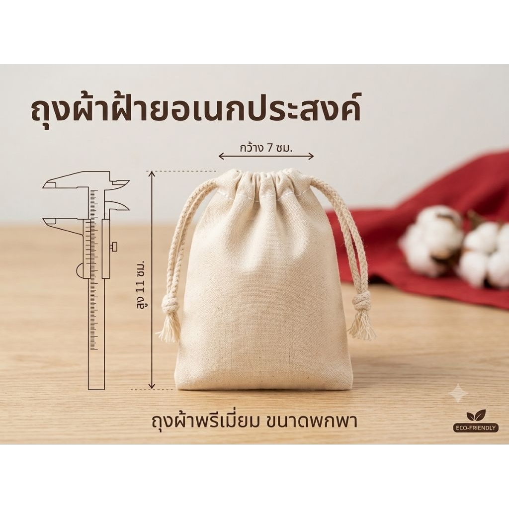 🍀 ถุงผ้าด้ายดิบ ถุงใส่การบูน พรีเมียม ขนาด7*11 cm