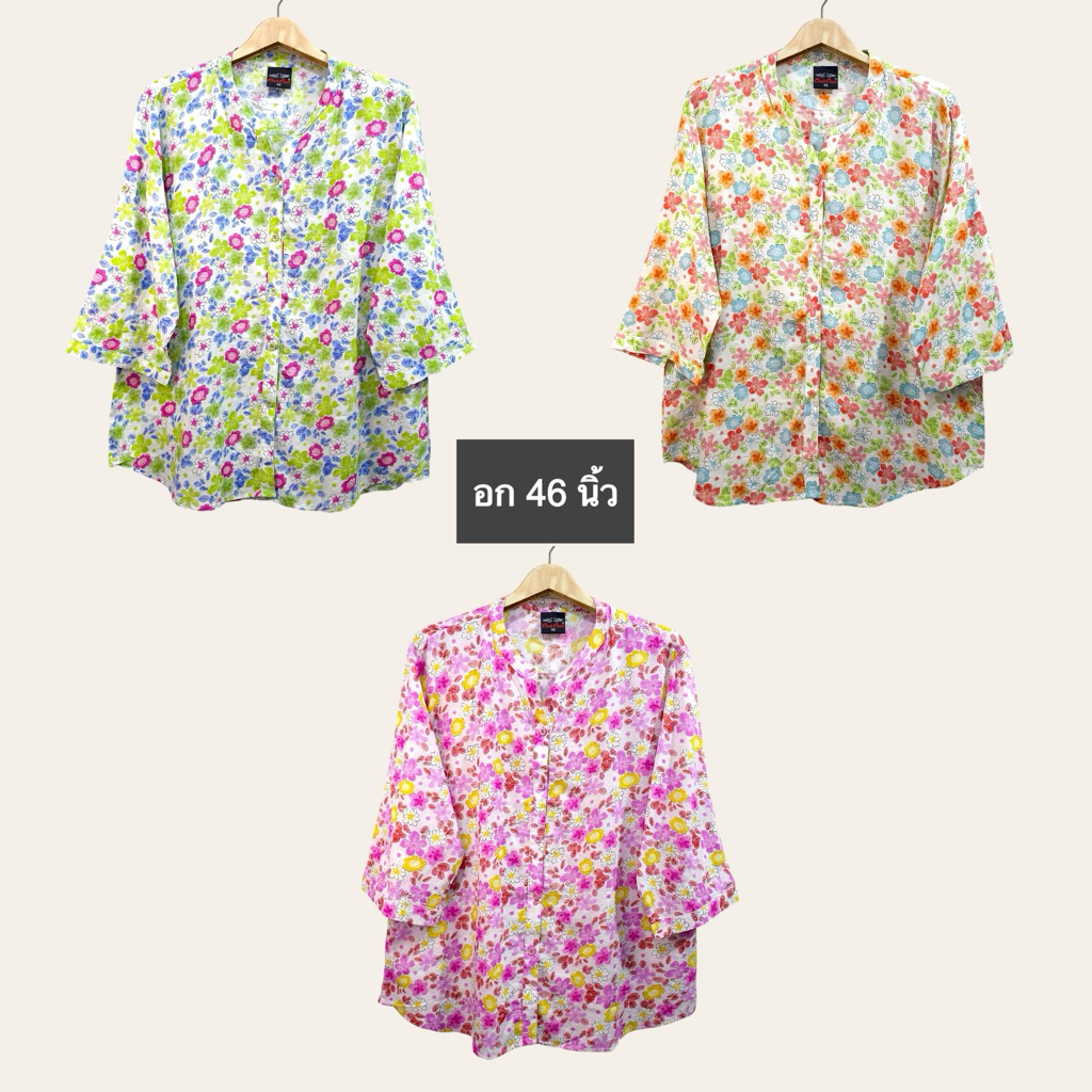 (อก 46”) เสื้อคอกลม เเขนสามส่วน ผ่าหน้า ลายดอกเล็ก ผ้าลินินผสมฝ้าย ใส่สบาย
