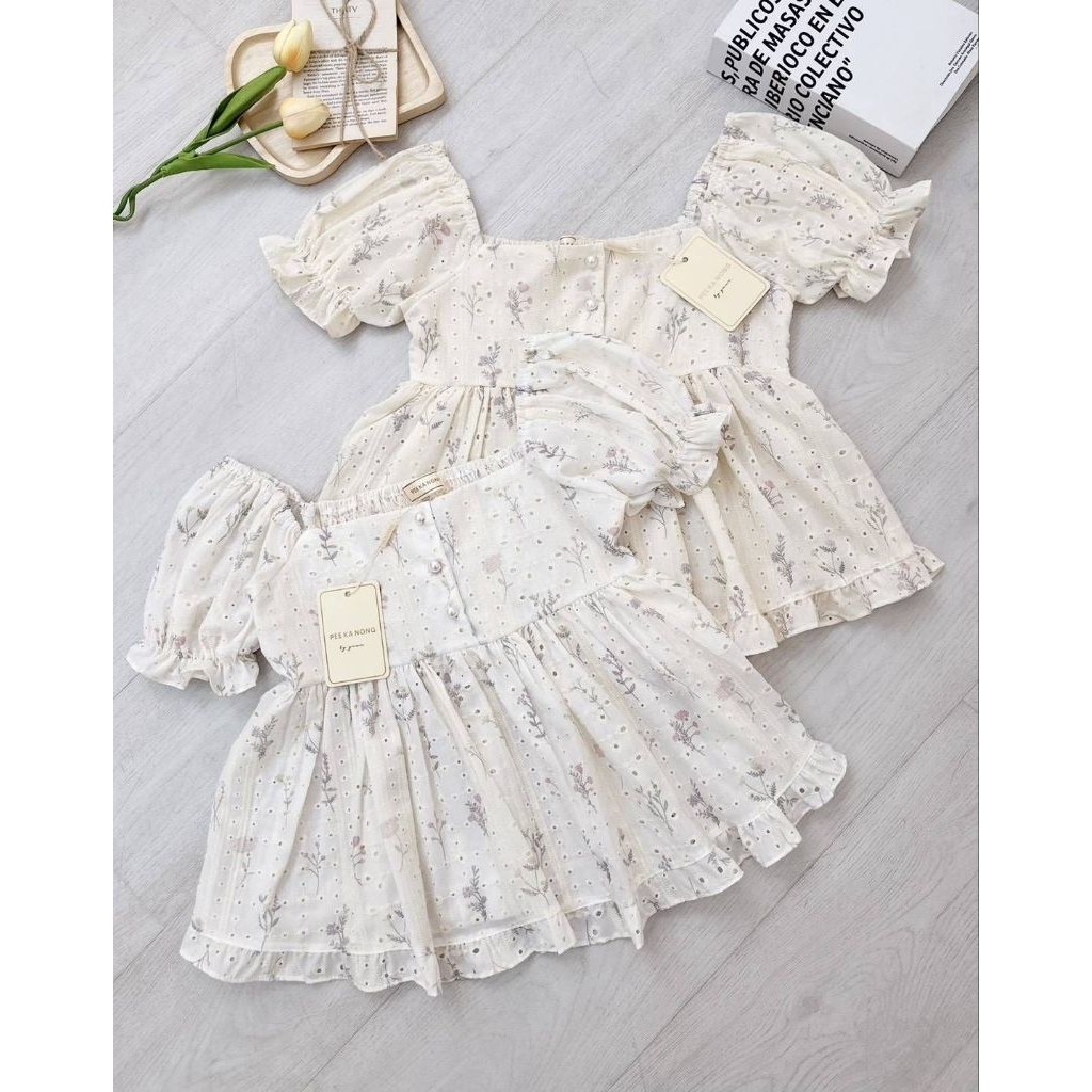maymuse เสื้อคอเหลี่ยมแขนต๊กตากระดุมมุกแต่งชายระบายผ้าฉลุลายดอกป้ายpeekanong อก30-38นิ้ว