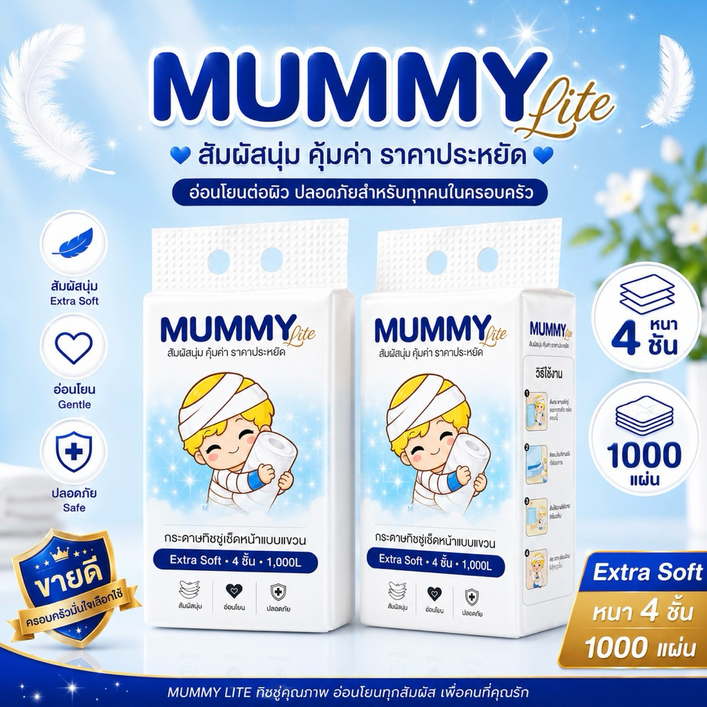 [5/10ห่อ] 1000แผ่น หนาพิเศษ4ชั้น Mummy lite กระดาษทิชชู่แบบแขวน