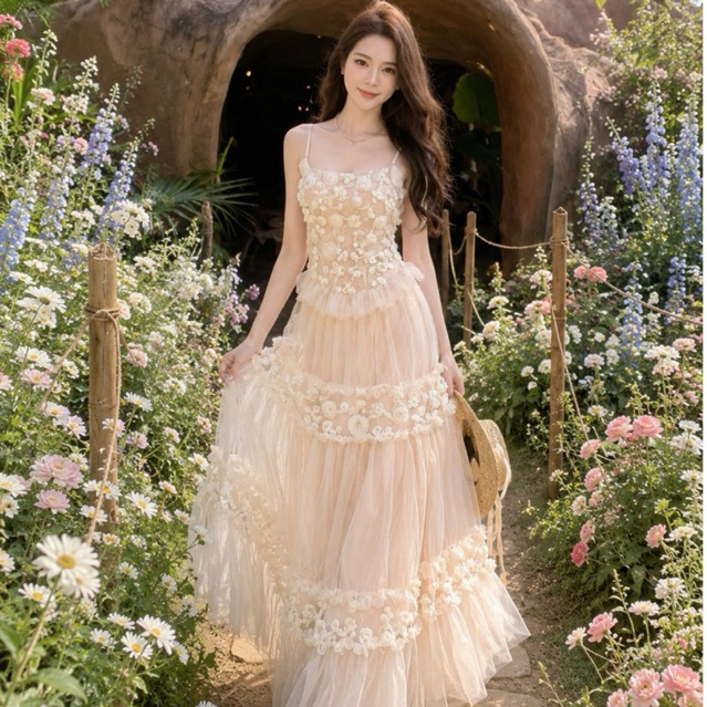 PAPHA | Roselle Dress เดรสยาวสายเดี่ยวปักดอกไม้3D โทนสีนู้ด ดีไซน์หวานหรู ผ้าทิ้งตัวพริ้ว ลุคเจ้าหญิงสวนยุโรป
