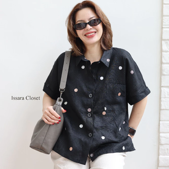 เสื้อลินิน รุ่น Poppii Shirt #ลาย Dot-พื้นดำ