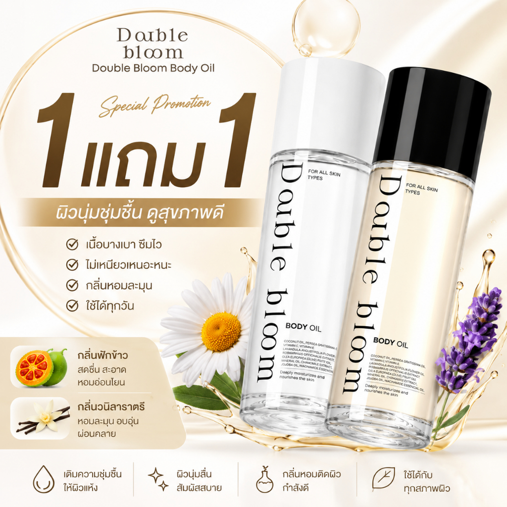Double Bloom Body Oil บอดี้ออยล์ ออยล์บำรุงผิว ผิวแห้ง ชุ่มชื้น ซึมไว ไม่เหนียว กลิ่นฟักข้าว วนิลาราตรี