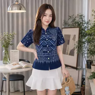 เสื้อคอจีนลายไทย ผ่าหน้ากระดุมสายคู่
