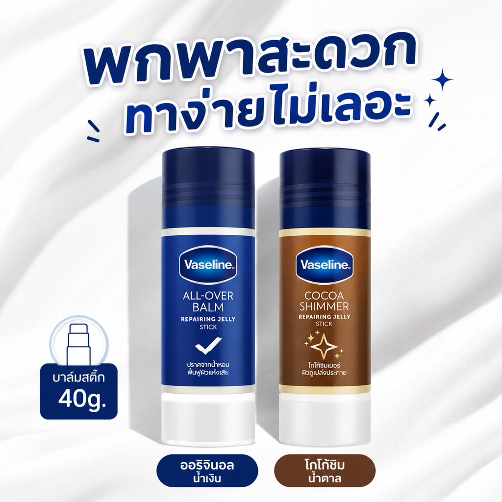 [1ขวด]วาสลีนปิโตรเลียมเจลลี่แท่งบาล์มสติ๊ก 40g. เลือกสีข้างใน
