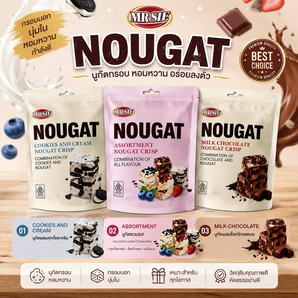 นูกัตกรอบ Nougat Crisp ขนมเคี้ยวหนึบ 3 รสชาติ 70กรัม Cookies & Cream / Milk Chocolate / Assortment Fruit