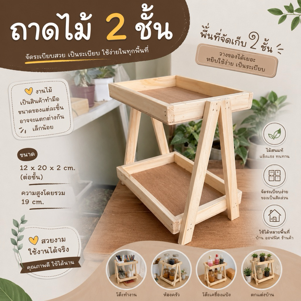 ชั้นวางของ มินิมอล พร้อมส่ง ถาดไม้สองชั้น ไม้สน สำหรับวางของ  ขนาดของถาด 12 x 20 x 2 cm. ความสูง โดยรวม  19 cm.