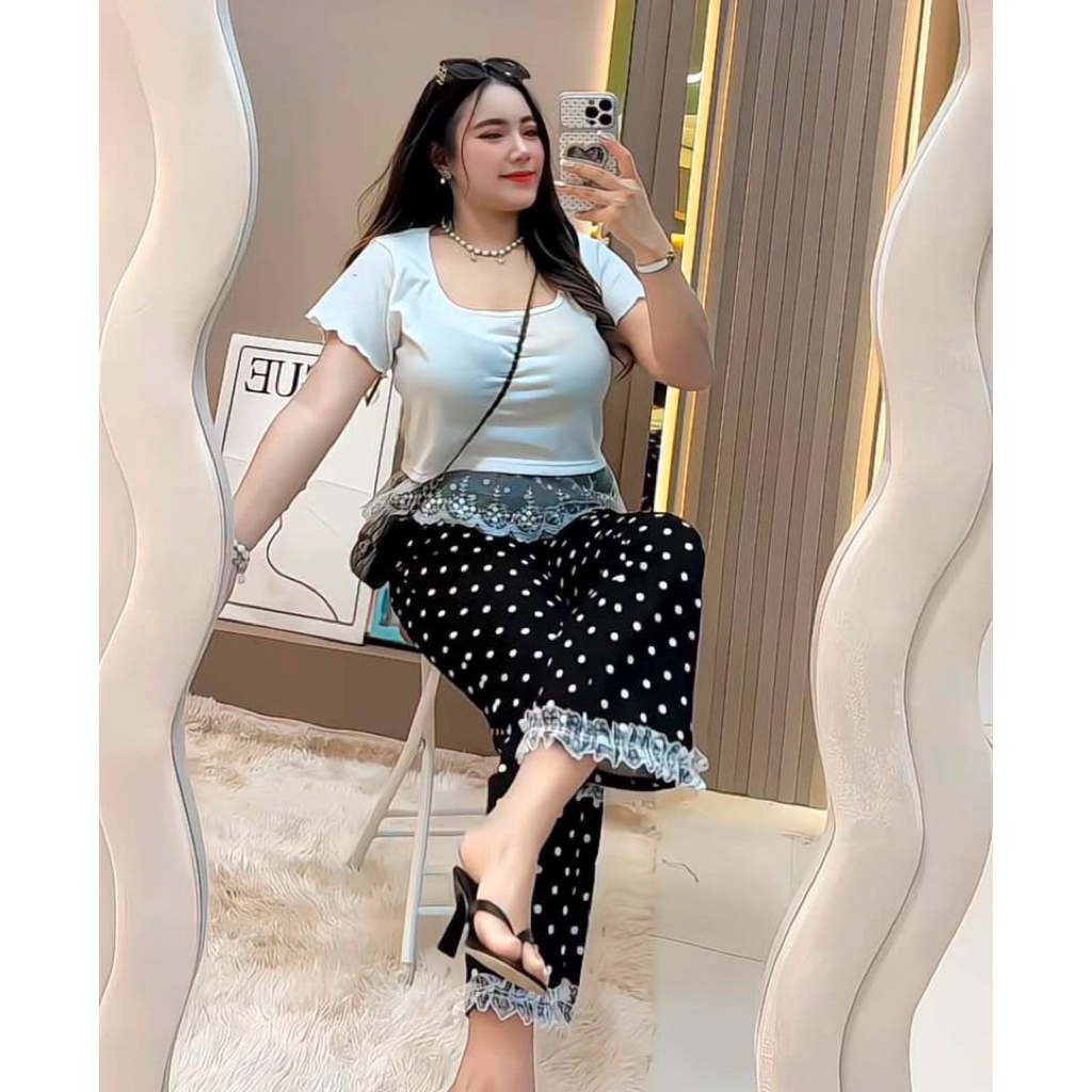 💜SETเสื้อคอเหลี่ยมปลายลูกไม้+กางเกงจุดขายาว(บ8+ว7)💜#สาวอวบ