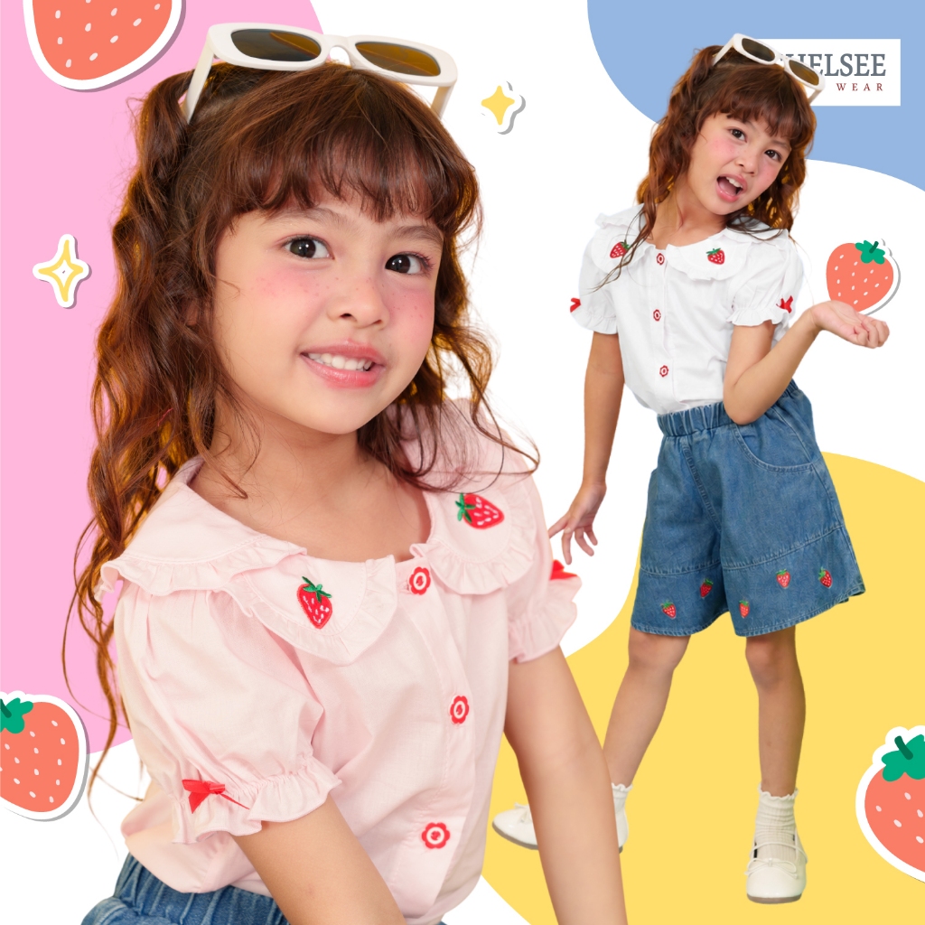 Chelsee เสื้อยืดปกบัวมน ลายสตรอว์เบอร์รี่ ผ้า 100%Cotton เด็กผู้หญิง อายุ 1.5-10ปี เสื้อผ้าเด็กโต รุ่น 238268