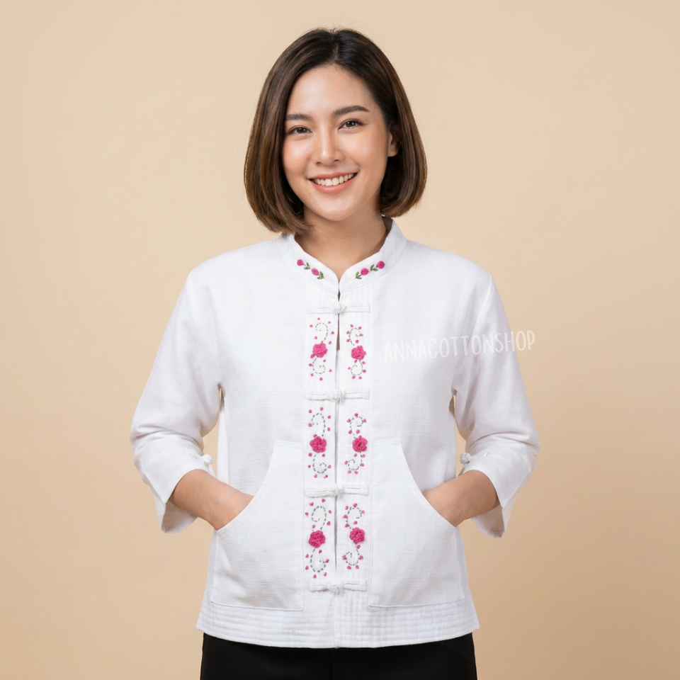 เสื้อผู้หญิงผ้าฝ้ายแขนสามปักดอกเก็ดตะวา น่ารักทุกสัดส่วน ทรงเข้ารูปสวยดูดี เรียบร้อยใส่ทำงาน ใส่ออกงาน โดดเด่นทุกมุมมอง
