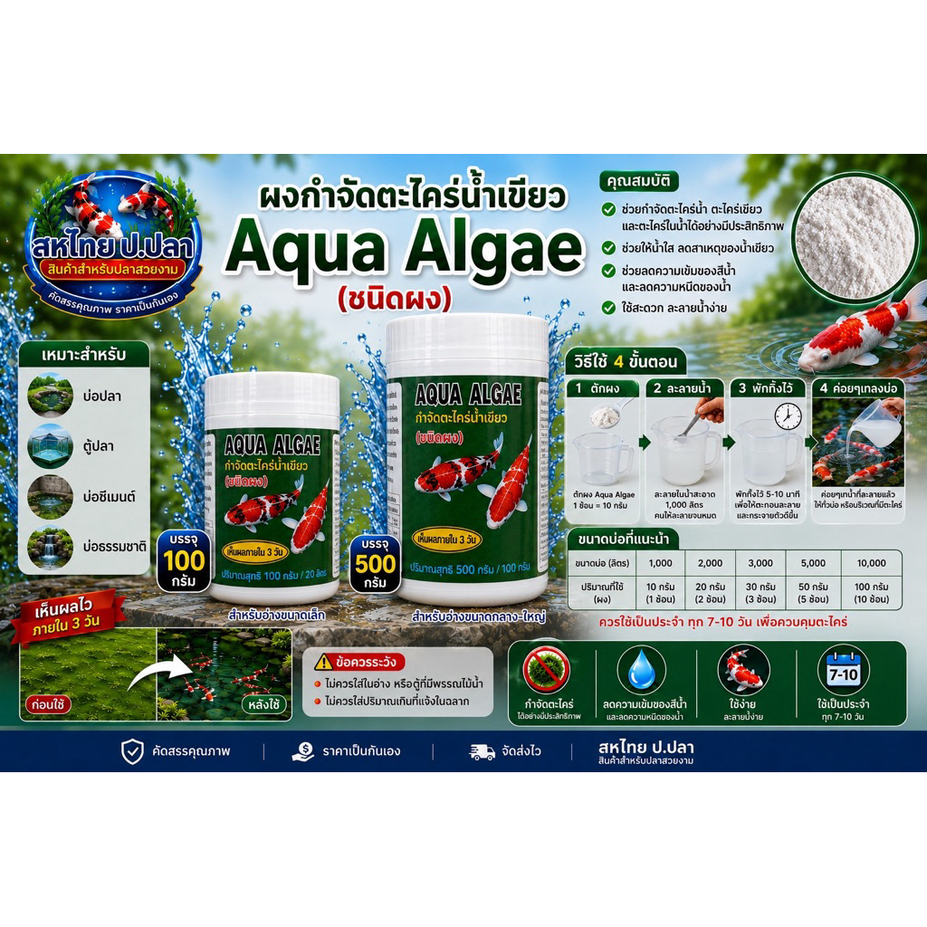 AQUA ALGAE กำจัดตะไคร่ น้ำเขียว ในบ่อเลี้ยงปลา และตู้ปลา (ชนิดผง) มี100 g. และ500 g.