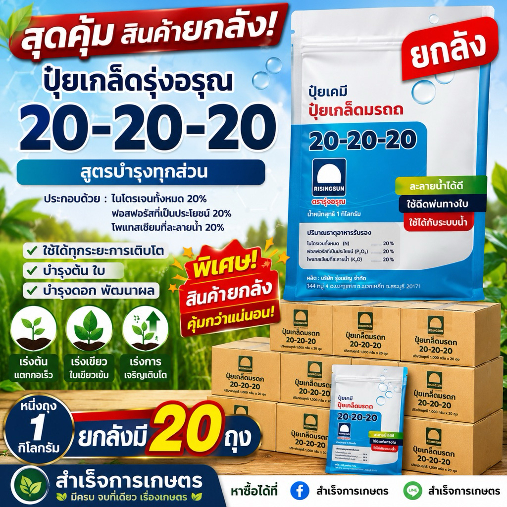 ปุ๋ยเกล็ด ตรารุ่งอรุณสูตร 20-20-20 ขนาด1กิโล (ยกลังมี20ถุง)