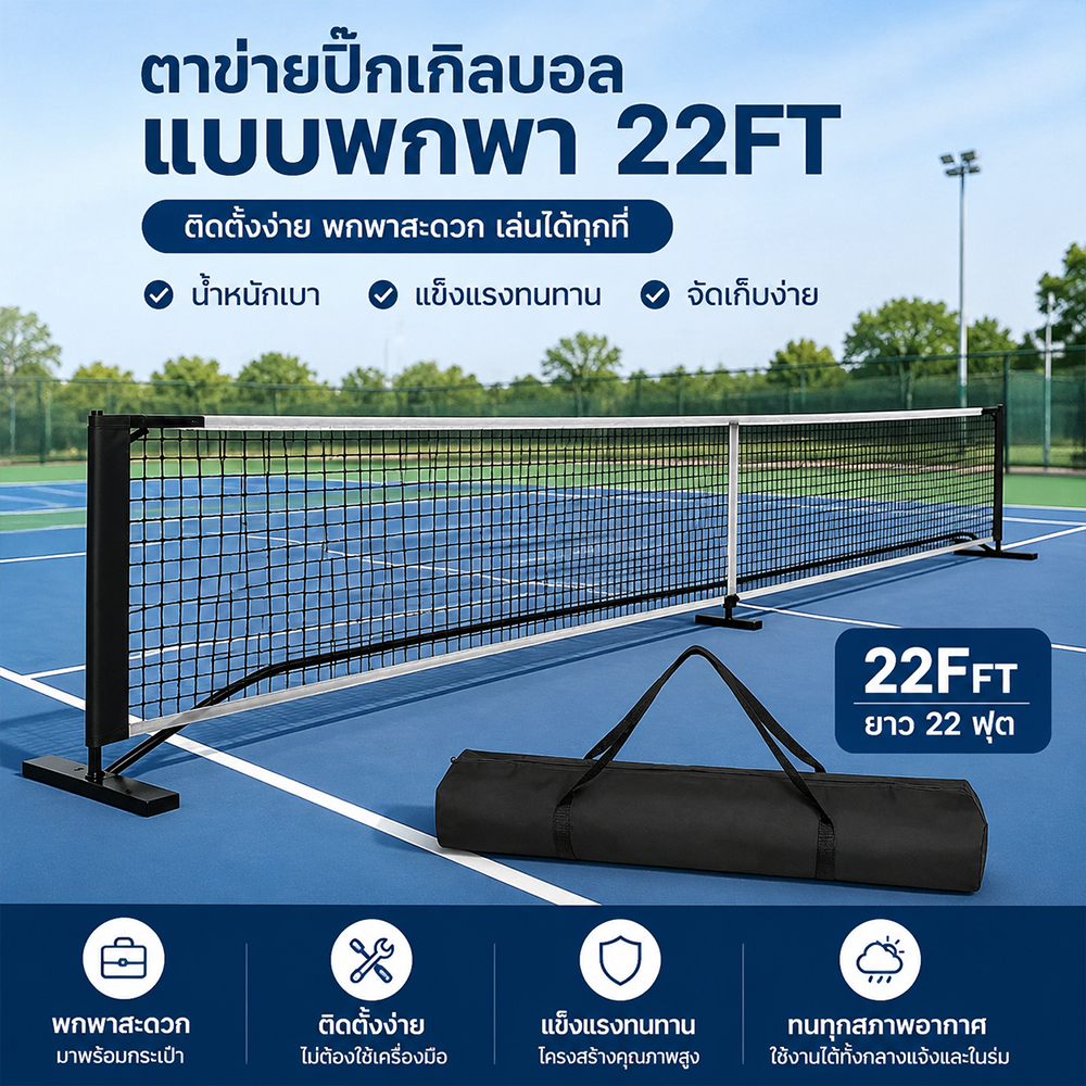 Klyon Pickleball Net เน็ต Pickleball พร้อมกระเป๋าพกพา ขนาดมาตรฐานแข่งขัน โครงเหล็กแข็งแรง ตาข่ายทนทาน