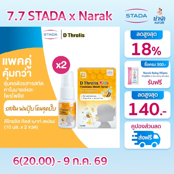 [แพ็คคู่คุ้มกว่า] D Throlis Kids Mouth spray ขนาด 10mL 2 ขวด สเปรย์พ่นคอ ดีโทรลิส สำหรับเด็ก ชุ่มคอ ลดระคายเคืองคอ รสส้ม