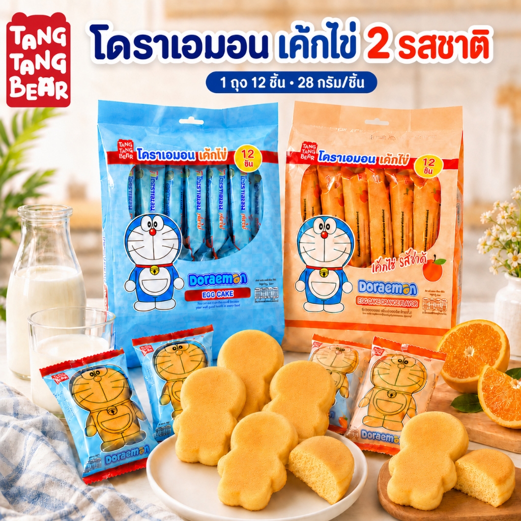 (2ถุง 24ชิ้น)เค้กไข่โดราเอมอน Doraemon TANG TANG BEAR แพ็ก 28กรัม/ชิ้น รสดั้งเดิม/รสส้ม