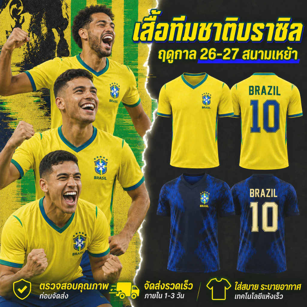 เสื้อกีฬาฟุตบอลบราซิล แบบเหย้าและเยือน ฟุตบอลโลก คอวีแขนสั้น ชายหญิง ผ้าไมโครสปอร์ต แห้งไว พร้อมส่ง