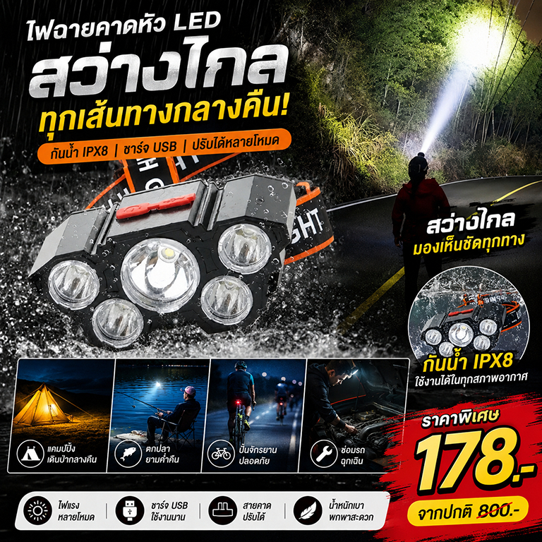 รับประกัน 5 ปี ไฟสายคาดหัว แบตอึด นาน 72ชม แบบชาร์จไฟในตัว หรี่แสงไฟ กันน้ำลุยฝนได้ ไฟฉายเดินป่า ไฟฉายคาดหัวไฟ LED