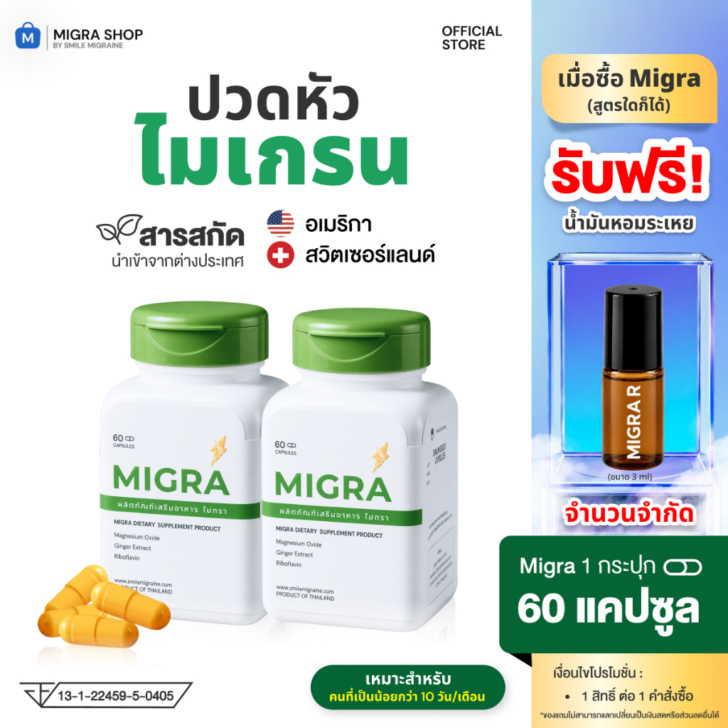 [แพ็คคู่ 2 กระปุก] Migra วิตามินสำหรับชาวไมเกรน ที่เป็นไม่เกิน 10 วันต่อเดือน