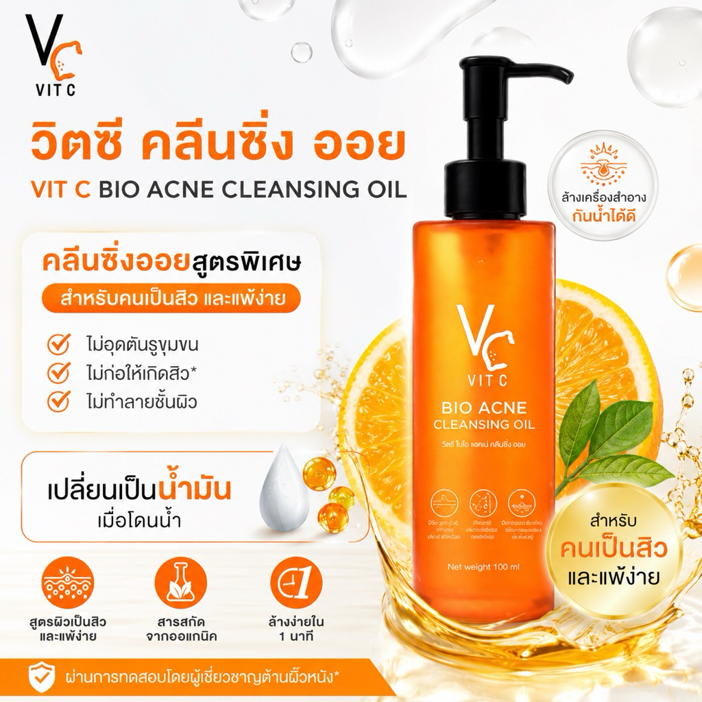 [คลีนซิ่งออยสูตรออแกนิก] VC Bio acne cleansing oil สูตรสำหรับผิวแพ้ง่ายหรือสิว