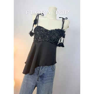 Flora Top (ราคา 390-) เสื้อสายเดี่ยวผ้าซาตินแต่งดอกไม้ handmade งานปักเลื่อม รอบอก30-42" ดีไซน์หรูหรา สำหรับผู้หญิง