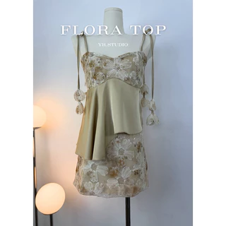 Flora Top (ราคา 390-) เสื้อสายเดี่ยวผ้าซาตินแต่งดอกไม้ handmade งานปักเลื่อม รอบอก30-42" ดีไซน์หรูหรา สำหรับผู้หญิง