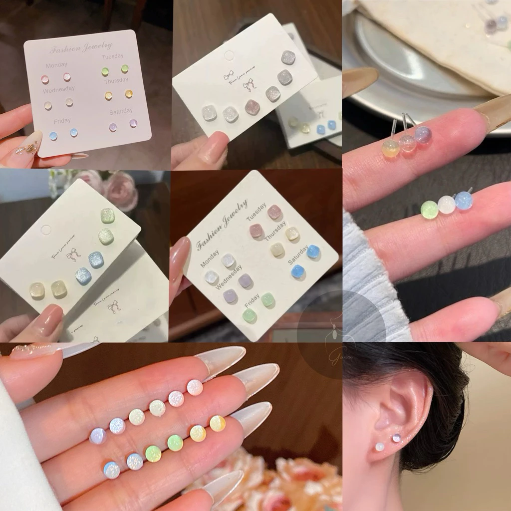 (เซ็ต 6 คู่ 6 สี) ต่างหูพลาสติก สีมาการอง